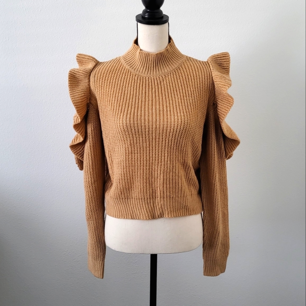 Shein Cut Out Ruffle Trim Mock Neck Sweater sz L